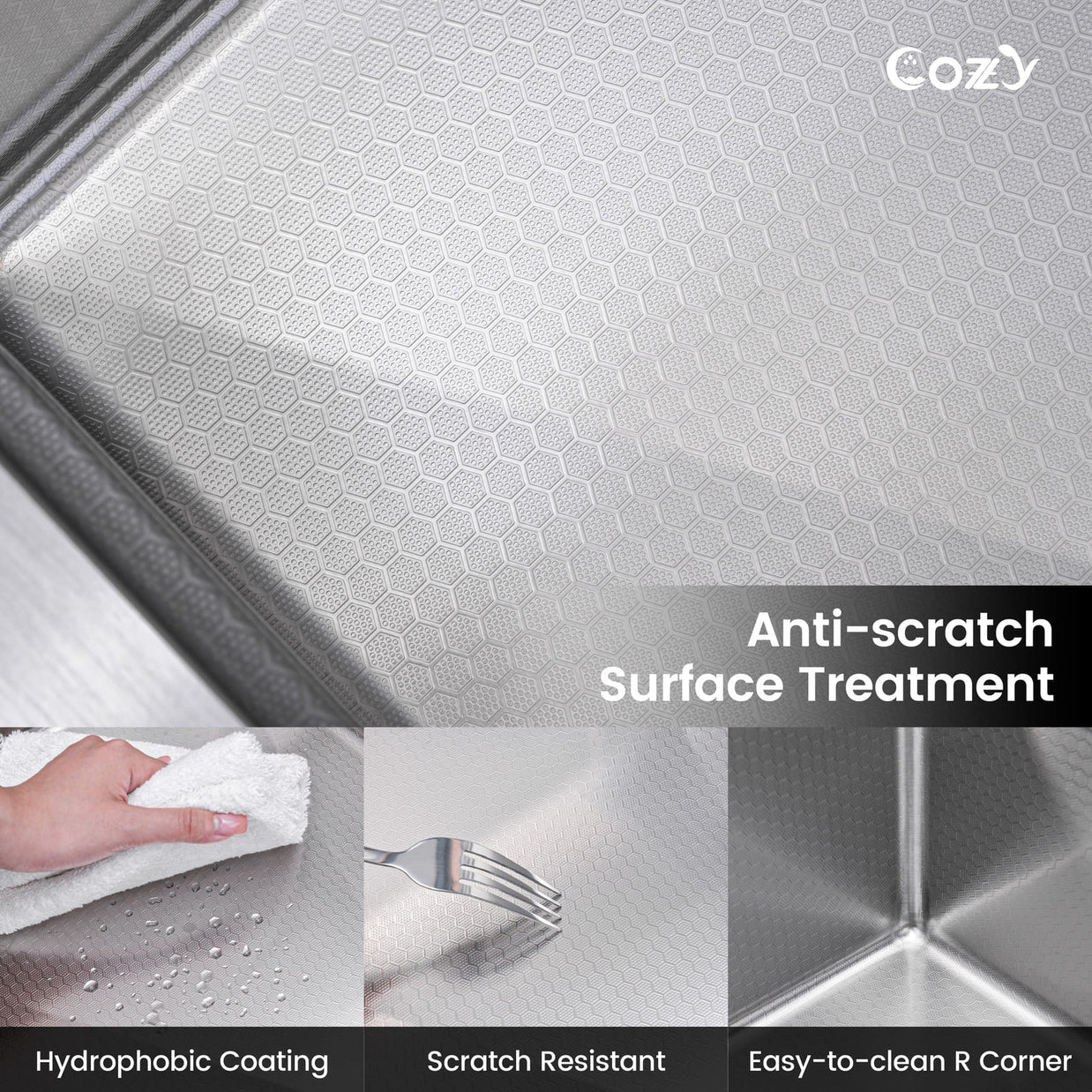 Cozy 30-inch brushed nickel drop-in workstation kitchen sink showing anti-scratch surface treatment and hydrophobic coating