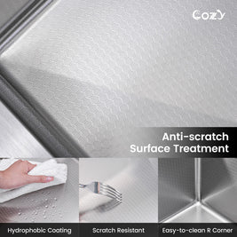 Cozy 30-inch brushed nickel drop-in workstation kitchen sink showing anti-scratch surface treatment and hydrophobic coating
