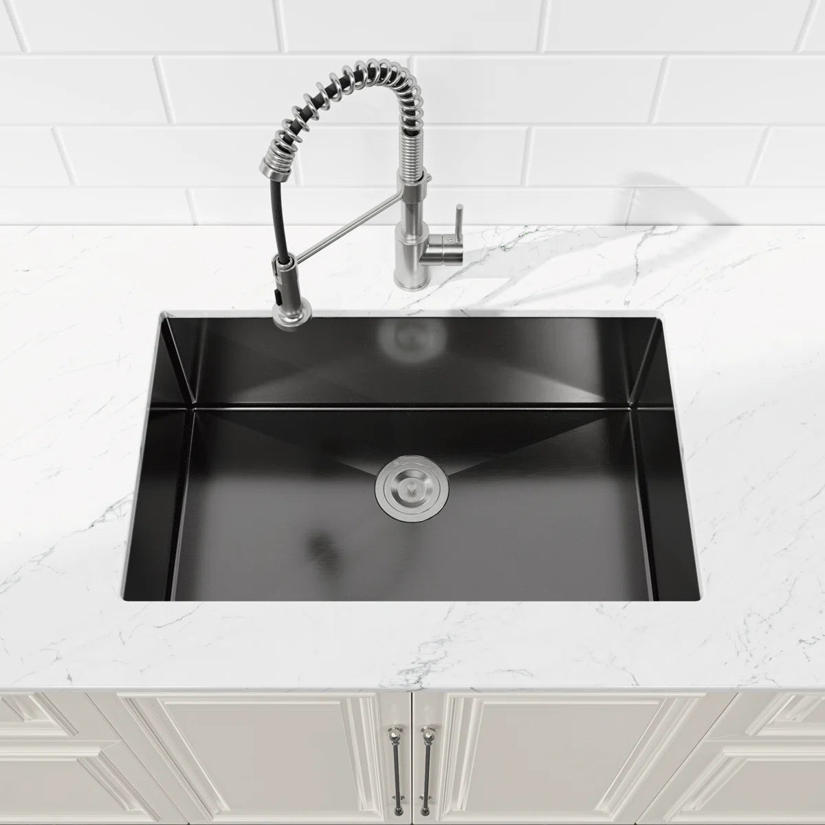 Top-down perspective of Cozy 30-inch matte black undermount single bowl handmade kitchen sink integrated with white countertop