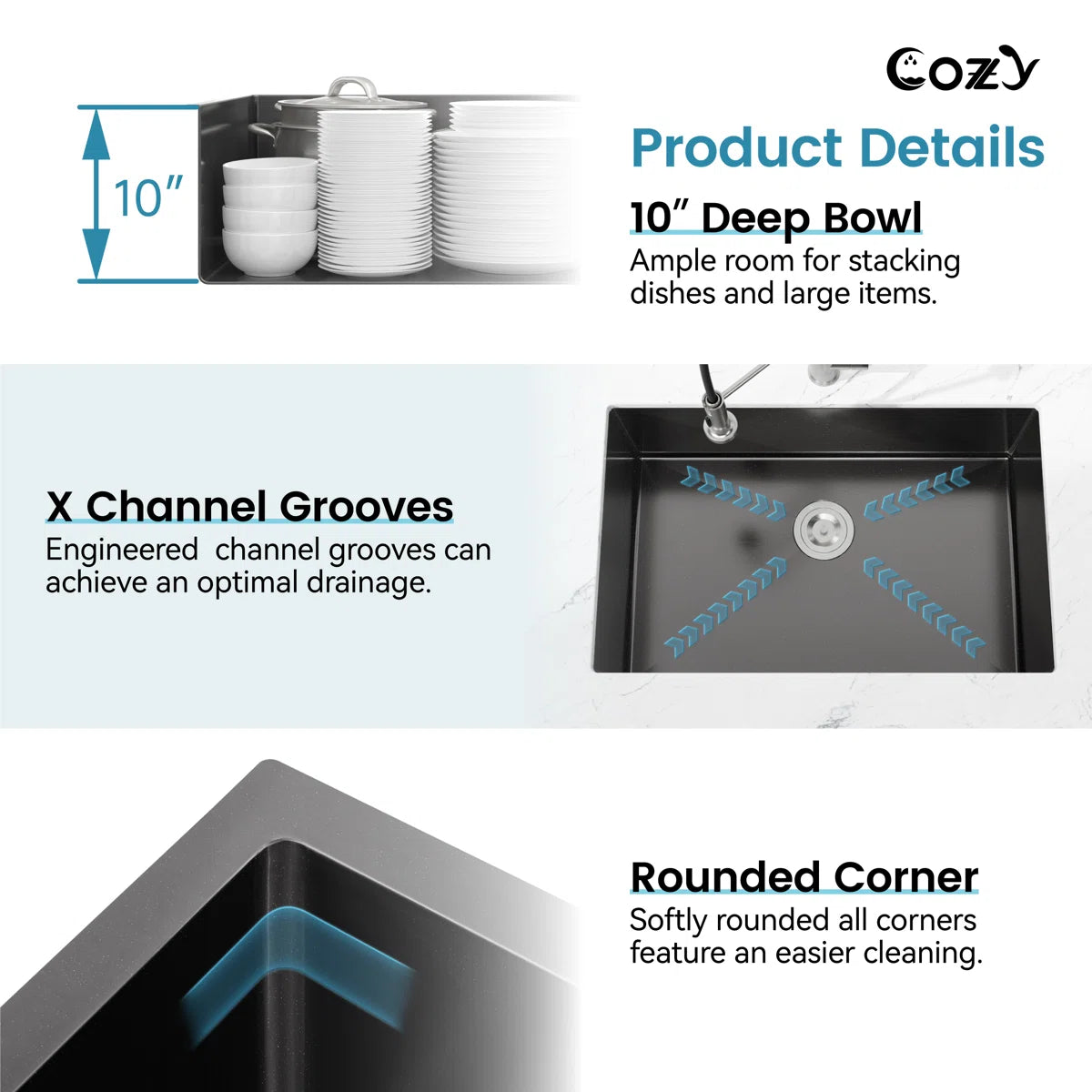 Cozy 30-inch matte black undermount single bowl handmade kitchen sink product details showing 10-inch deep bowl, X channel grooves, and rounded corners