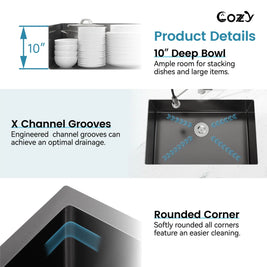 Cozy 30-inch matte black undermount single bowl handmade kitchen sink product details showing 10-inch deep bowl, X channel grooves, and rounded corners