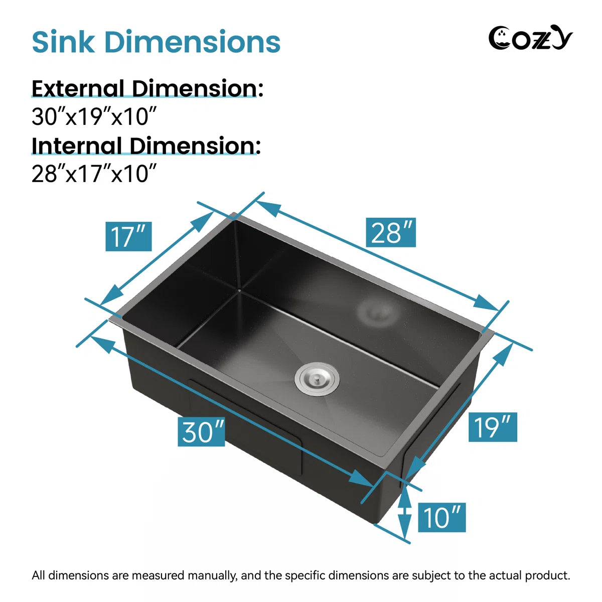 Exterior and interior dimensions of Cozy 30-inch matte black undermount single bowl handmade kitchen sink