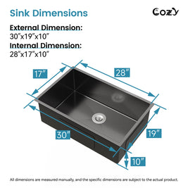 Exterior and interior dimensions of Cozy 30-inch matte black undermount single bowl handmade kitchen sink