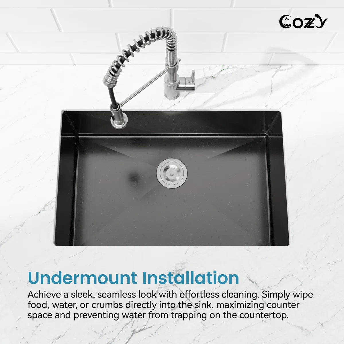 Cozy 30-inch matte black undermount single bowl handmade kitchen sink demonstrating seamless under-counter installation