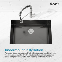 Cozy 30-inch matte black undermount single bowl handmade kitchen sink demonstrating seamless under-counter installation
