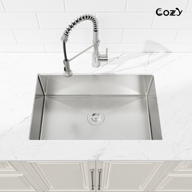 COZY Stainless Steel Kitchen Sink, 30" undermount Single Bowl in Brushed Nickel