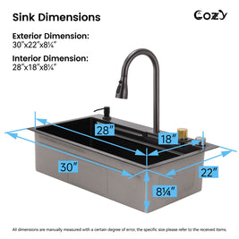 Exterior and interior dimensions of Cozy 30x22 inch black drop-in single bowl workstation kitchen sink with waterfall faucet