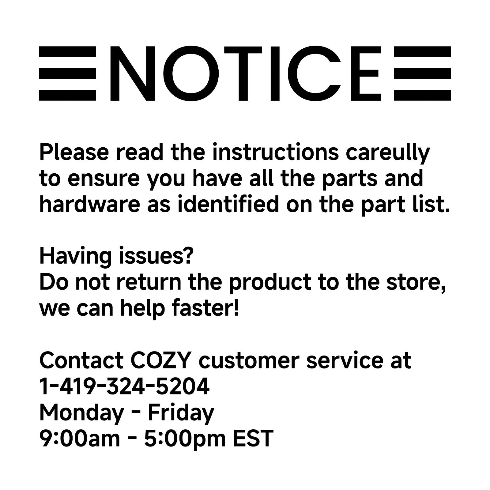 Customer service notice and official support contact information for Cozy 30x22 inch black drop-in workstation kitchen sink