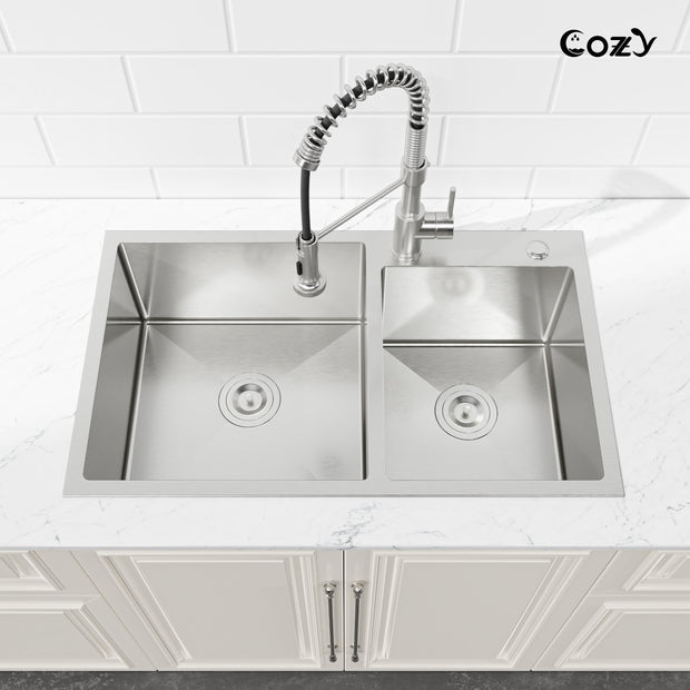COZY Stainless Steel Kitchen Sink, 32" Double Bowl Brush Nickel Overmount