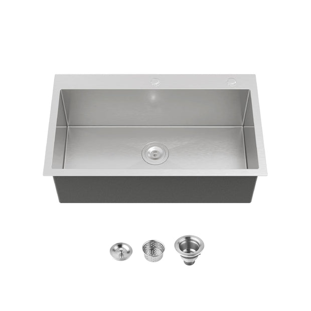 Cozy 32-inch brushed nickel drop-in single bowl kitchen sink with drain assembly