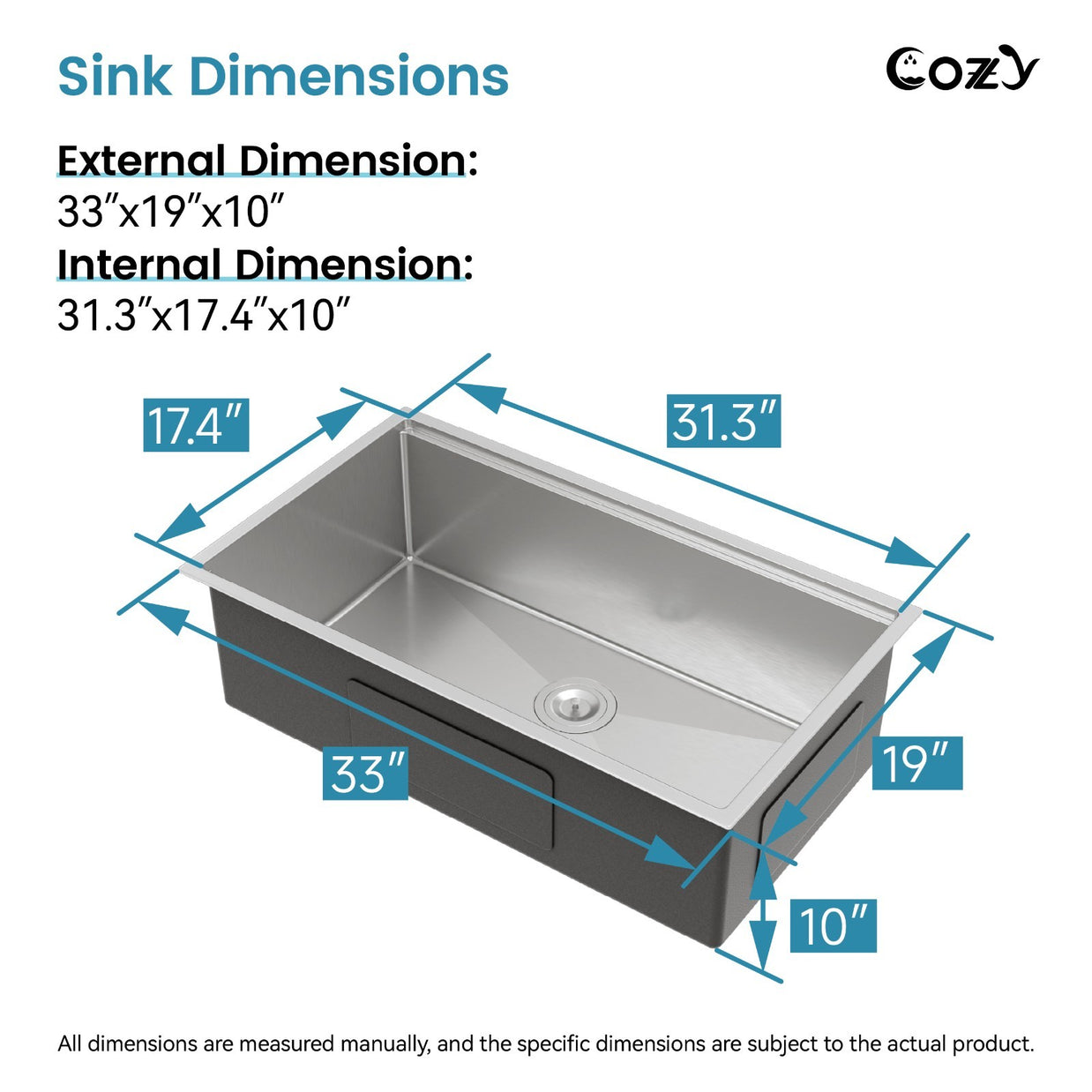 COZY 33-inch brushed nickel single bowl kitchen sink external and internal dimensions chart.