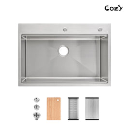 COZY 33-inch drop-in single bowl brushed nickel workstation kitchen sink with included accessories.