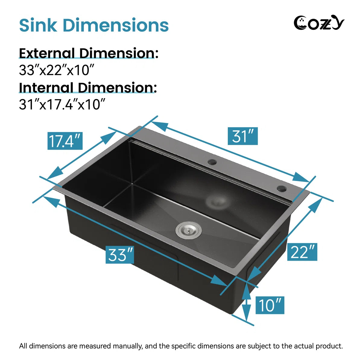 COZY 33-inch drop-in matte black single bowl kitchen sink external and internal dimensions chart.