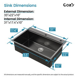 COZY 33-inch drop-in matte black single bowl kitchen sink external and internal dimensions chart.