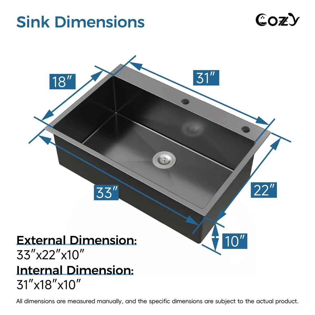 COZY 33-inch drop-in matte black single bowl kitchen sink dimensions chart.