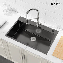 COZY 33-inch drop-in matte black single bowl workstation kitchen sink installed in a countertop