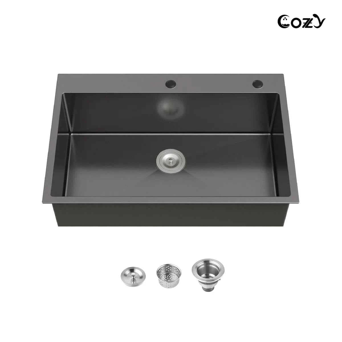 COZY 33-inch drop-in single bowl matte black kitchen sink with included basket strainer