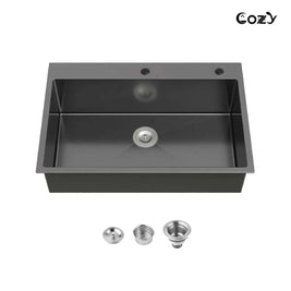 COZY 33-inch drop-in single bowl matte black kitchen sink with included basket strainer