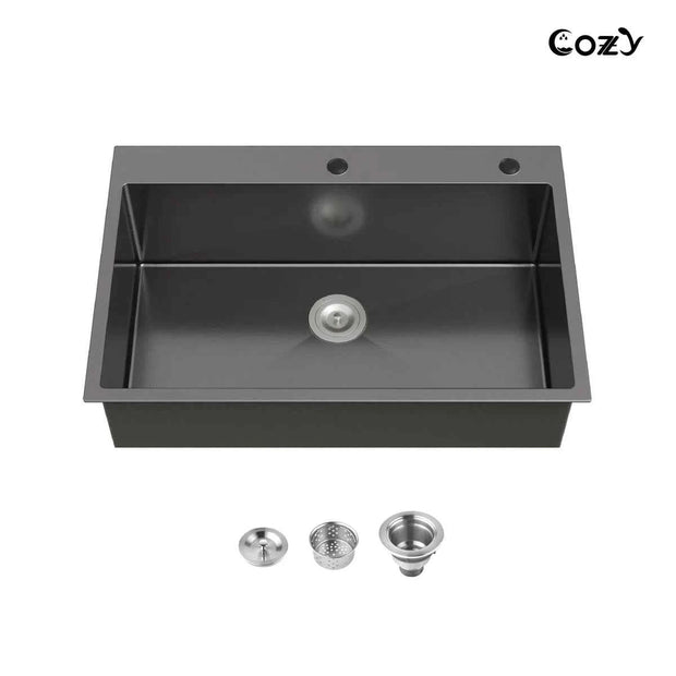 COZY 33-inch drop-in single bowl matte black kitchen sink with included basket strainer
