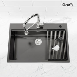 COZY 33-inch drop-in matte black workstation kitchen sink