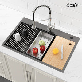 COZY 33-inch drop-in matte black workstation kitchen sink with cutting board, colander, and roll-up rack.
