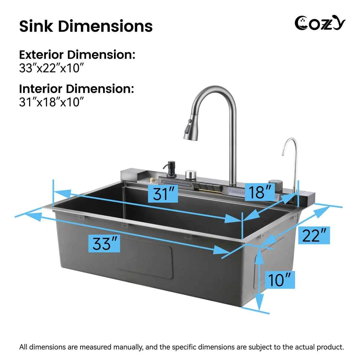 COZY 33-inch drop-in satin black single bowl kitchen sink dimensions chart.