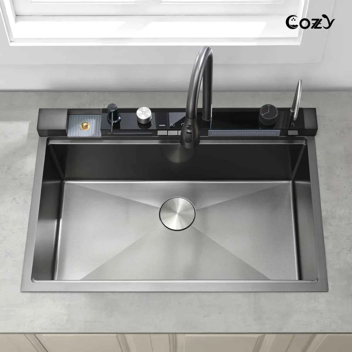 COZY 33-inch drop-in satin black single bowl kitchen sink with integrated digital display console.