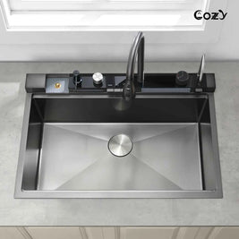 COZY 33-inch drop-in satin black single bowl kitchen sink with integrated digital display console.