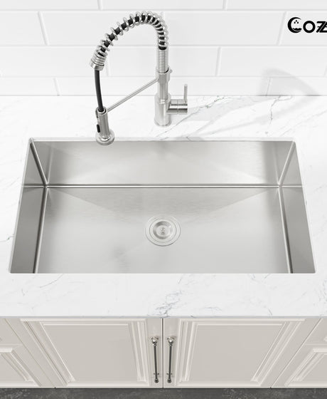 Cozy 33" T304 stainless steel undermount single bowl kitchen sink, brushed nickel finish.