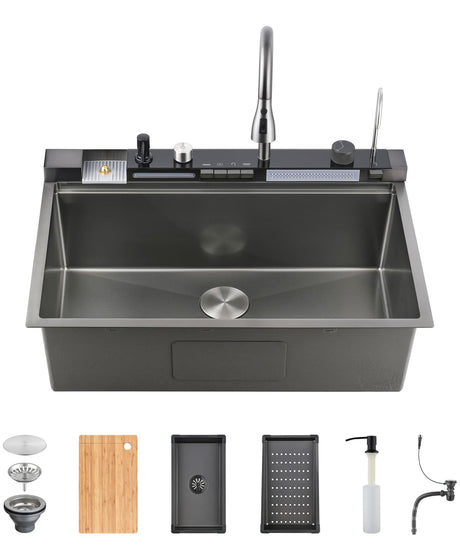 Cozy 33-inch T304 stainless steel workstation undermount single bowl kitchen sink with accessories