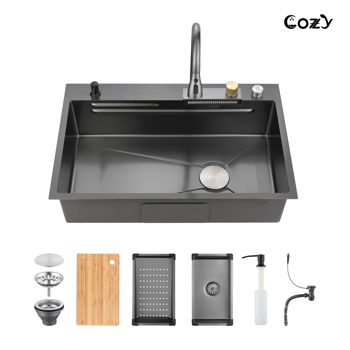 Cozy 33-inch black drop-in single bowl workstation kitchen sink with pull-out waterfall faucet, cutting board, and basin accessories