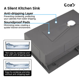 Cozy 33-inch black drop-in single bowl workstation kitchen sink showing anti-dripping layer and soundproof pads