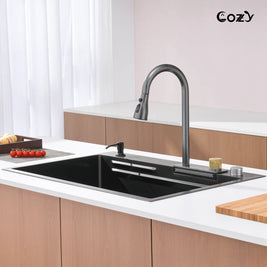 Modern kitchen design featuring Cozy 33-inch black drop-in single bowl workstation sink with pull-out waterfall faucet