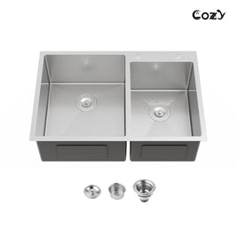 Cozy 33-inch brushed nickel drop-in double bowl handmade kitchen sink