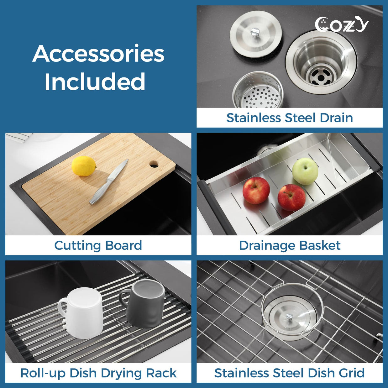 COZY 36-inch drop-in matte black kitchen sink included accessories chart showing cutting board and grid.