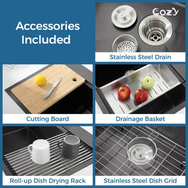 COZY 36-inch drop-in matte black kitchen sink included accessories chart showing cutting board and grid.