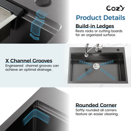 COZY 36-inch drop-in matte black kitchen sink features showing build-in ledges, X channel grooves, and rounded corners.