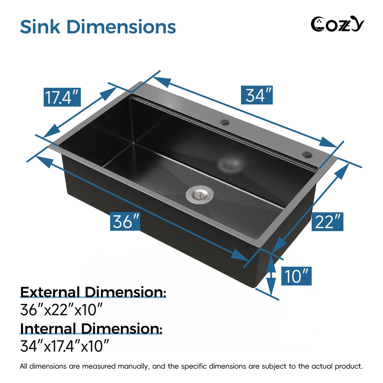 COZY 36-inch drop-in matte black single bowl kitchen sink external and internal dimensions chart.