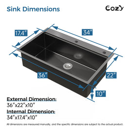 COZY 36-inch drop-in matte black single bowl kitchen sink external and internal dimensions chart.