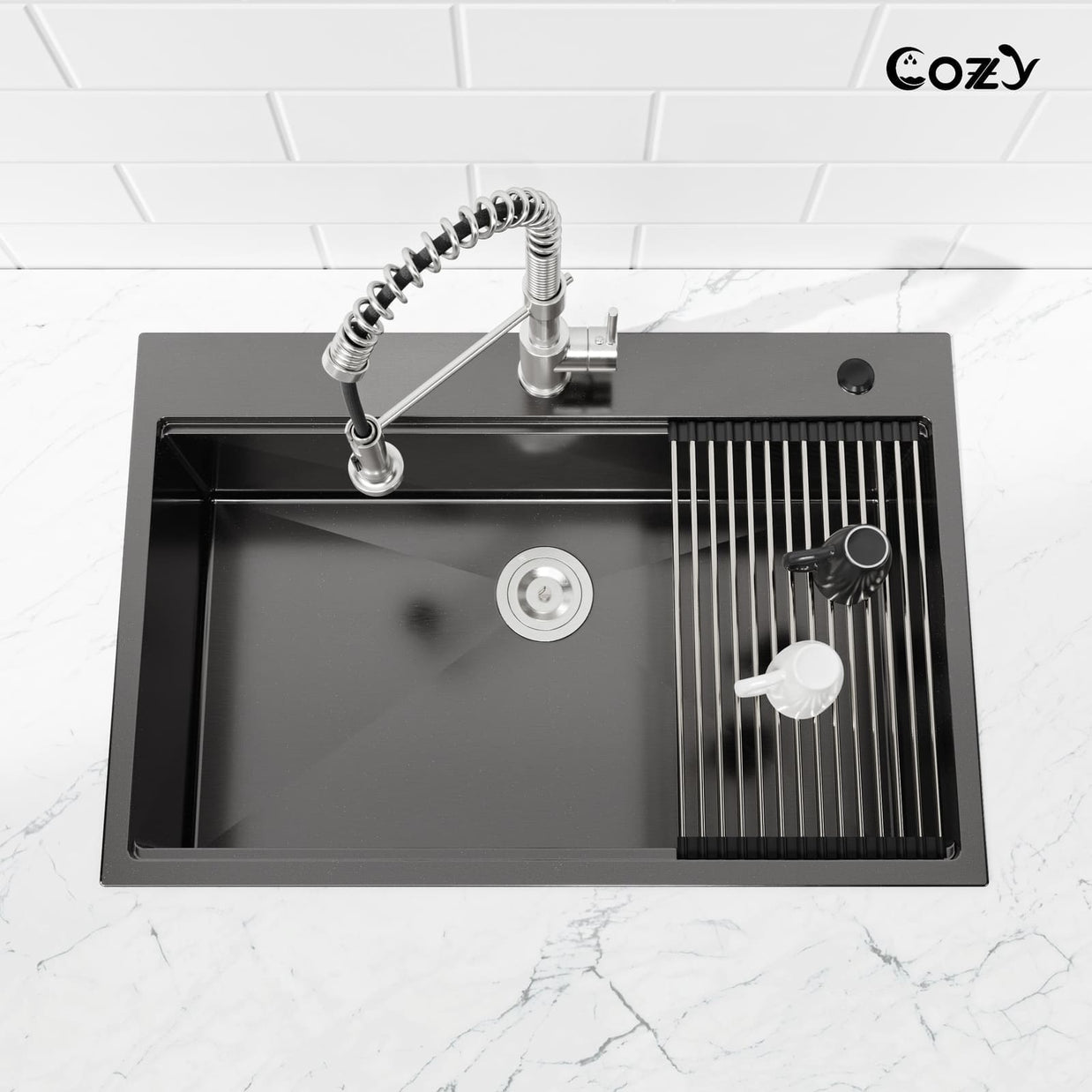 COZY 36-inch drop-in matte black workstation kitchen sink with a roll-up drying rack.