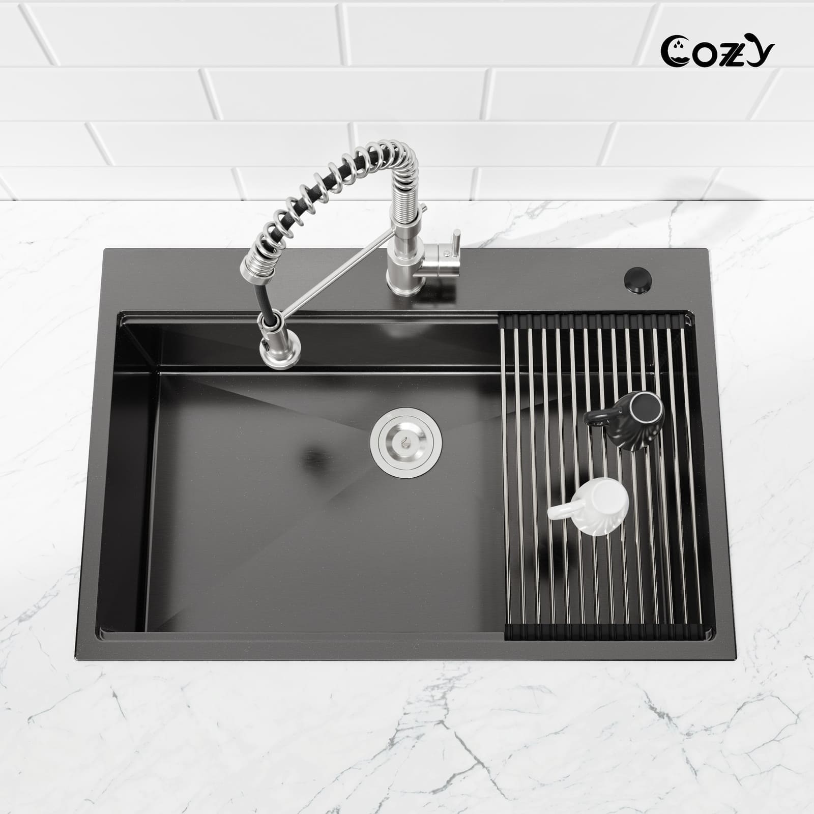 COZY 36-inch drop-in matte black workstation kitchen sink with a roll-up drying rack.