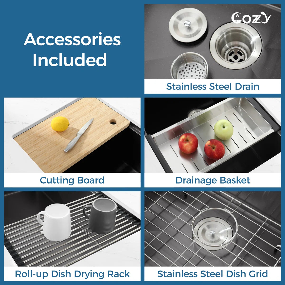 COZY 36-inch matte black kitchen sink included accessories chart showing cutting board, rack, and grid.