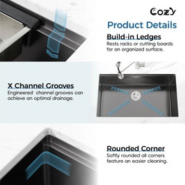 COZY 36-inch matte black kitchen sink features showing build-in ledges, X channel grooves, and rounded corners.