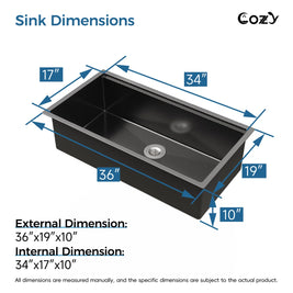 COZY 36-inch matte black single bowl kitchen sink external and internal dimensions chart.