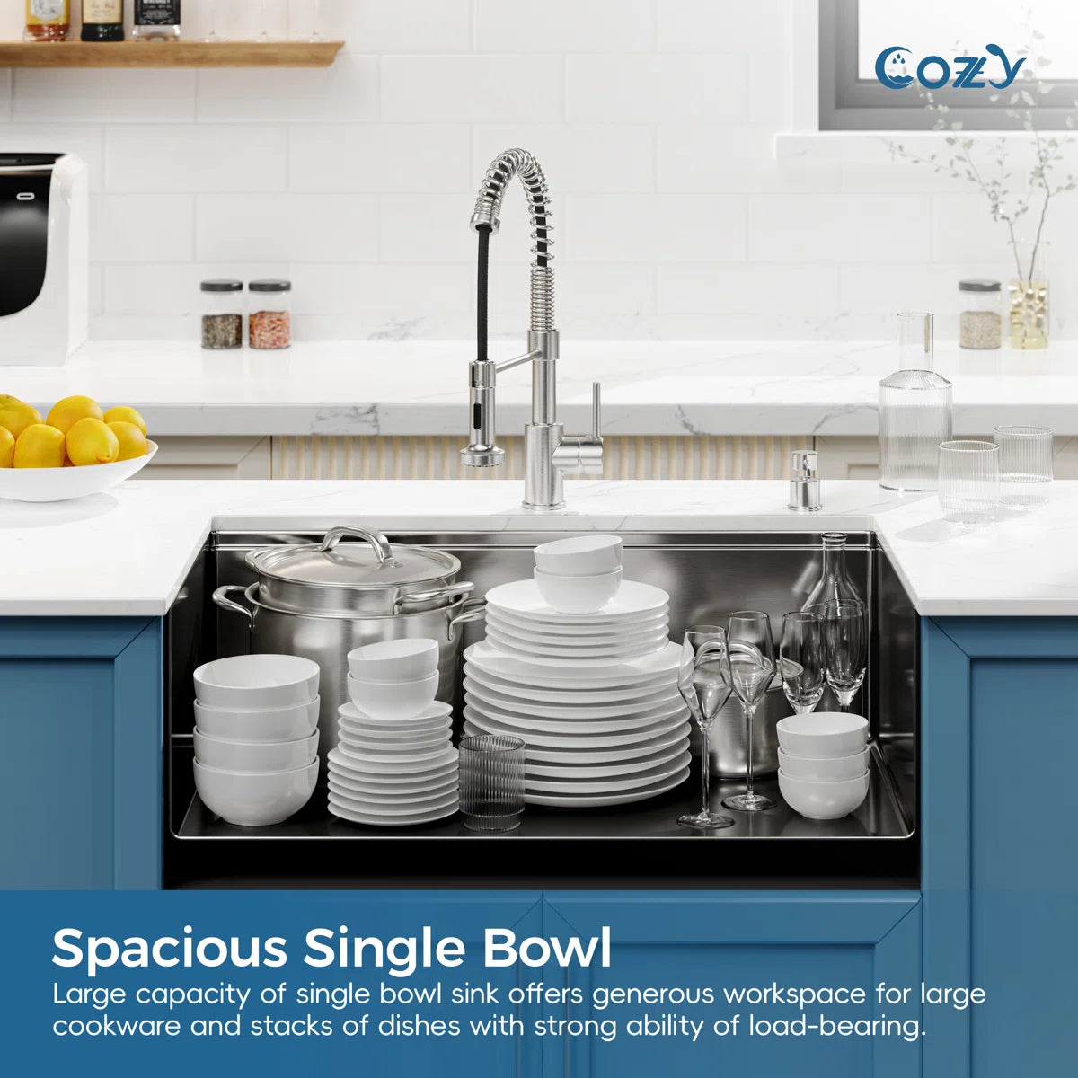COZY 36-inch spacious matte black single bowl kitchen sink holding heavy dishes.