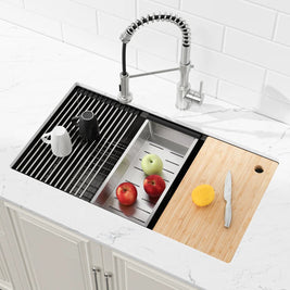 COZY 36-inch matte black workstation kitchen sink with cutting board and colander.