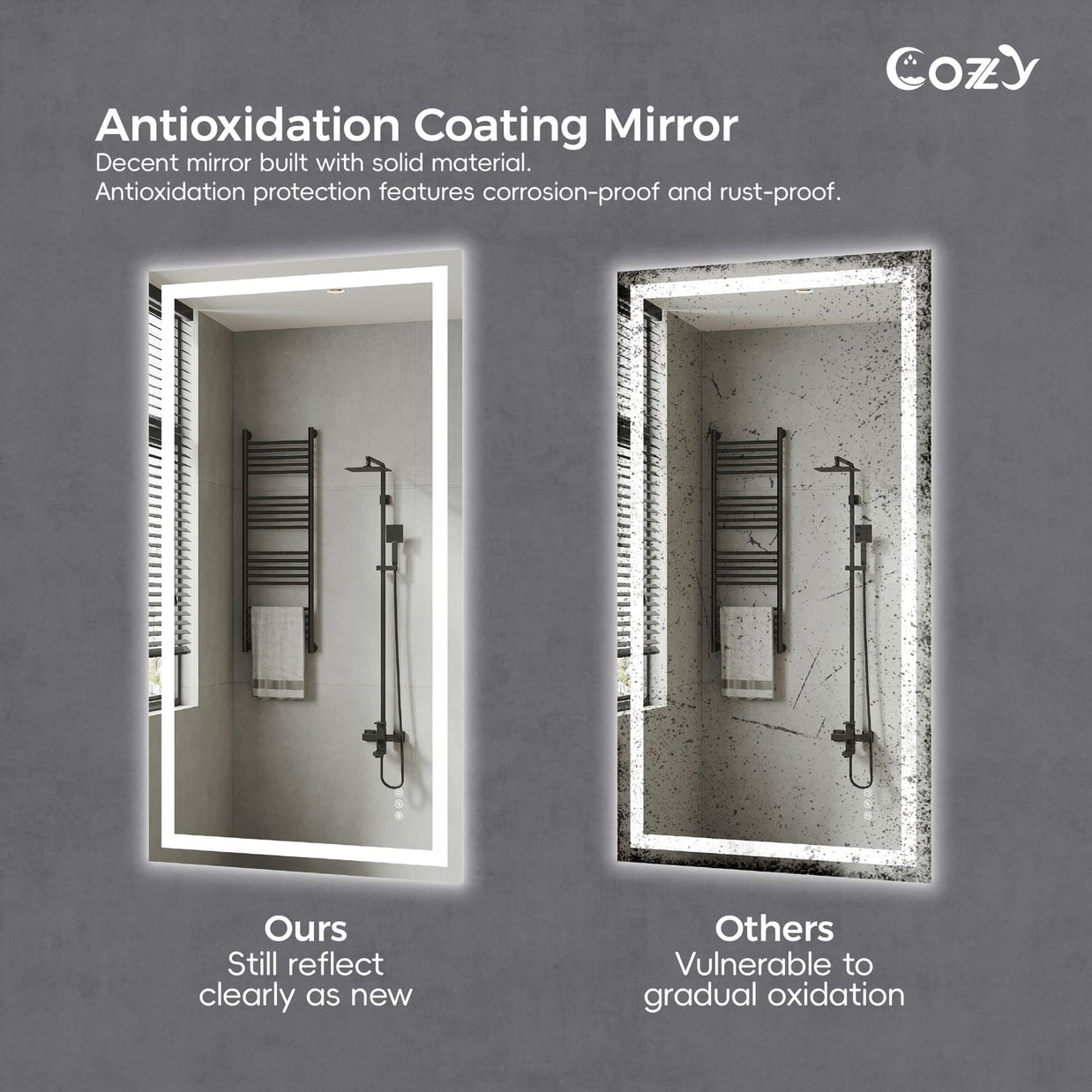 Cozy 48x36 inch LED bathroom mirror antioxidation coating durability comparison.