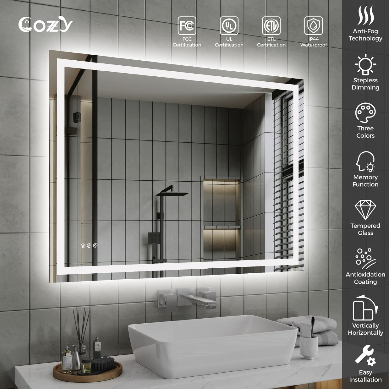 Cozy 48x36 inch LED bathroom mirror features and UL ETL certifications chart.
