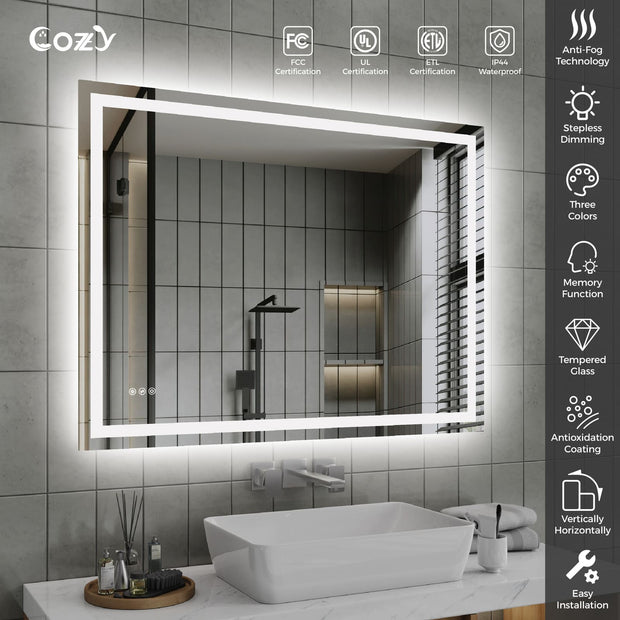 Cozy 48x36 inch LED bathroom mirror features and UL ETL certifications chart.