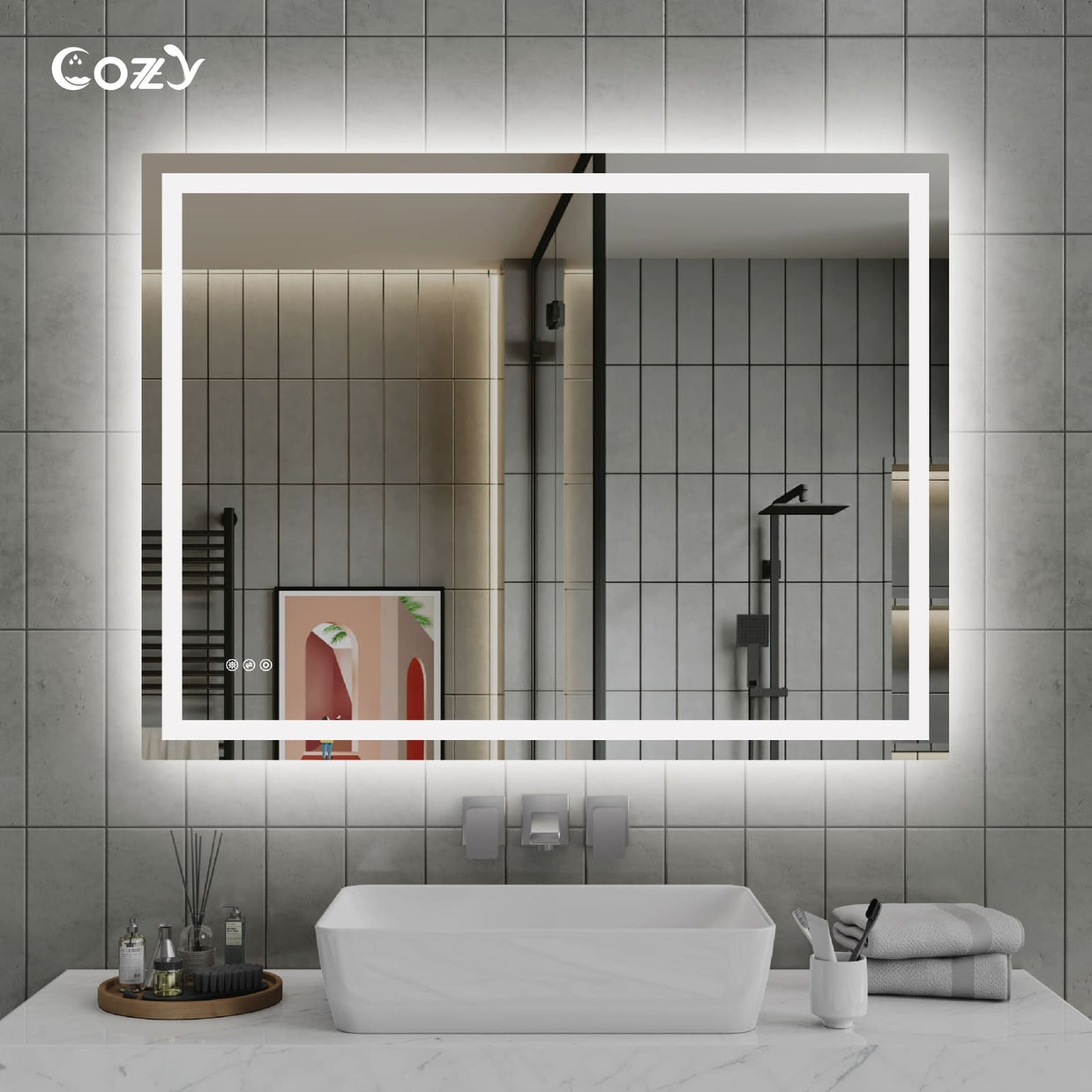 Cozy 48x36 inch backlit and front-lit LED bathroom vanity mirror in a modern setting.